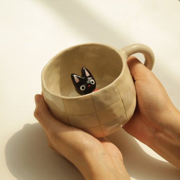 Other - Unique Black Cat Handmade Mug, Handbuilt Pottery, Cute Gift for Cat Lover